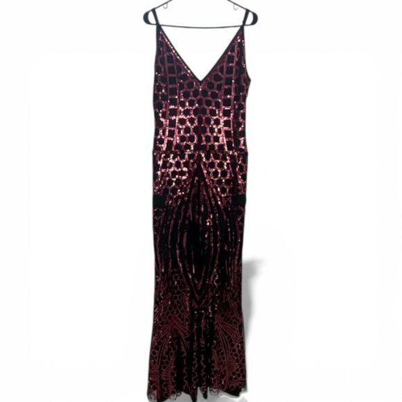 Vijiv Dresses & Skirts - VIJIV 1920s Art Deco Sequin Mermaid Gown XL Crimson Red V-Neck Slit